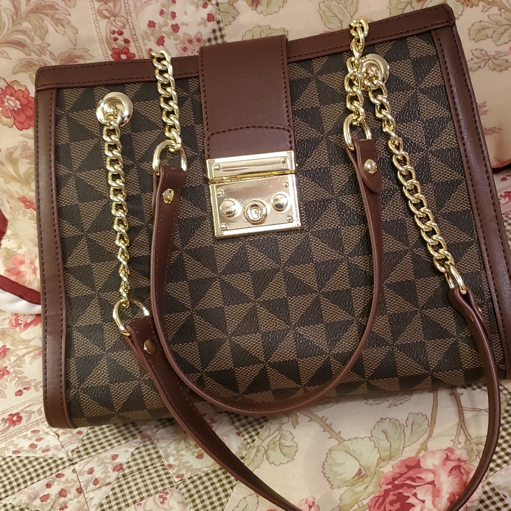 Brown and tan checkered bag